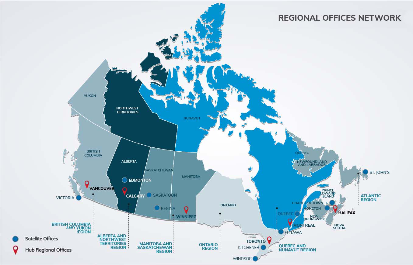 Canada map with locations of TCS regional offices