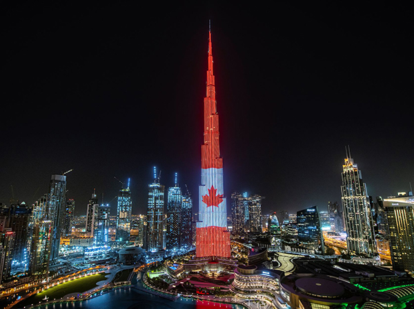 Dubai's BurjKhalifa is lit up with the Canadian flag