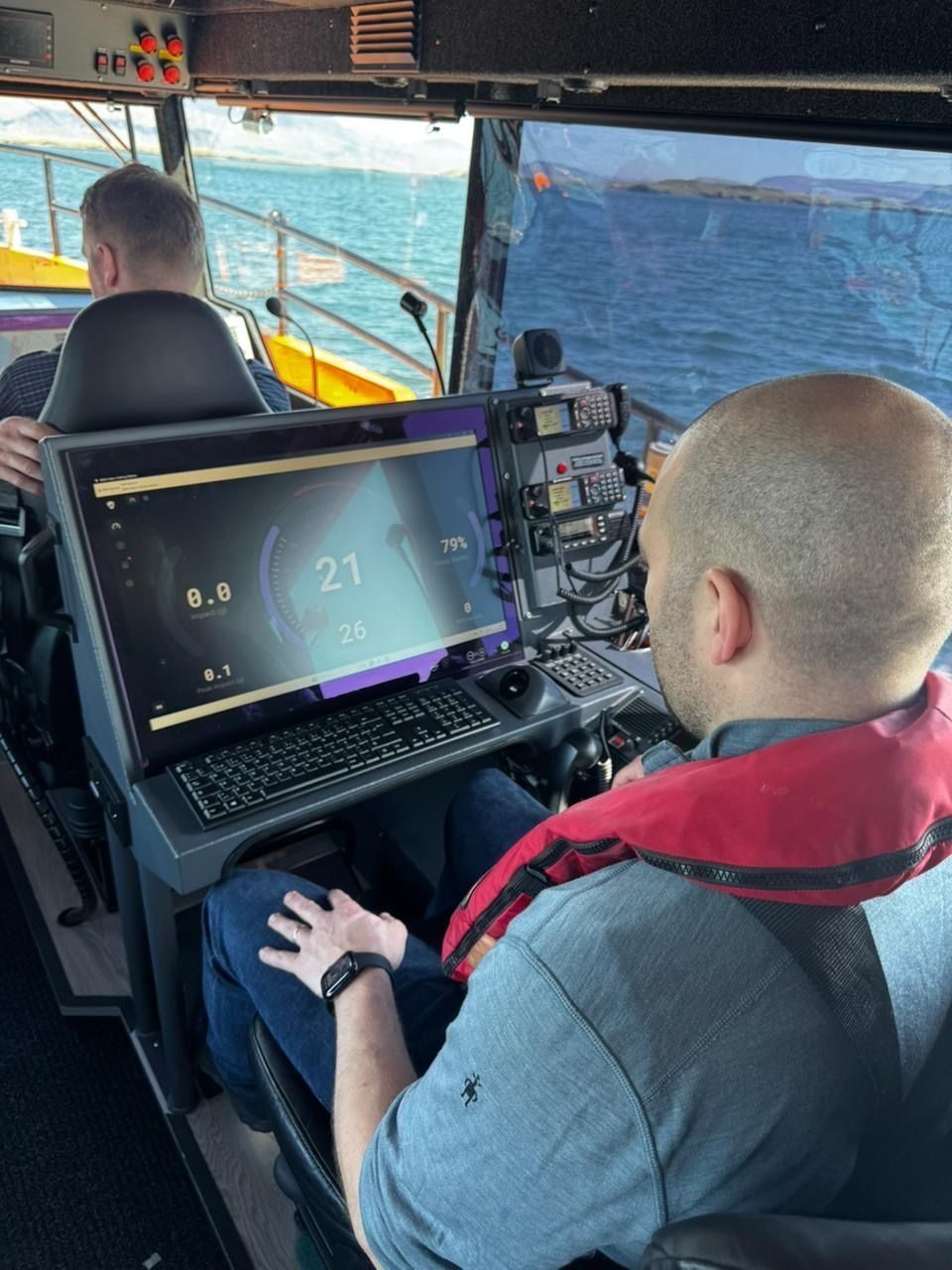 Ian Froude aboard a search and rescue vessel in Reykjavik Harbour with a Hefring Marine system. 