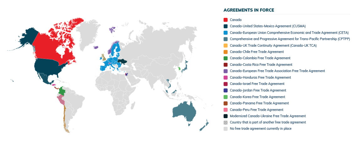 World map showing Canada's active free trade agreements. A text version follows.