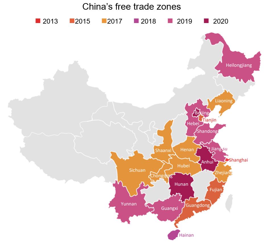 Map of China’s free trade zones