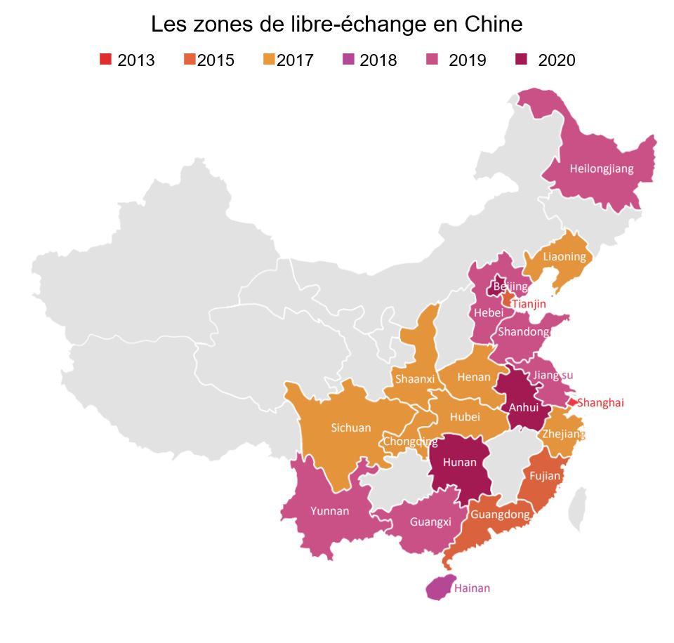 Carte des zones de libre-échange en Chine