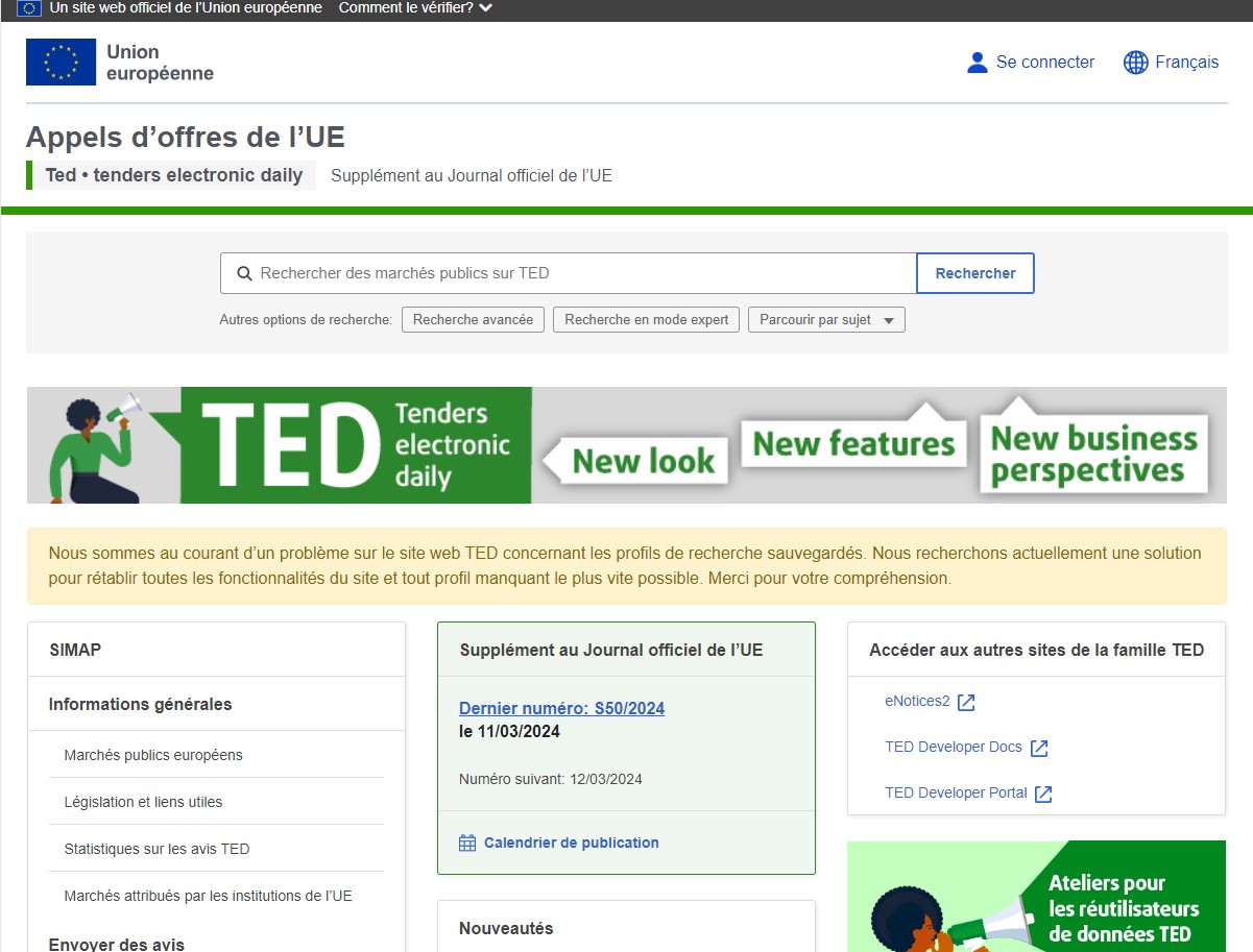 Capture d'écran de la page d'accueil de la base de données TED